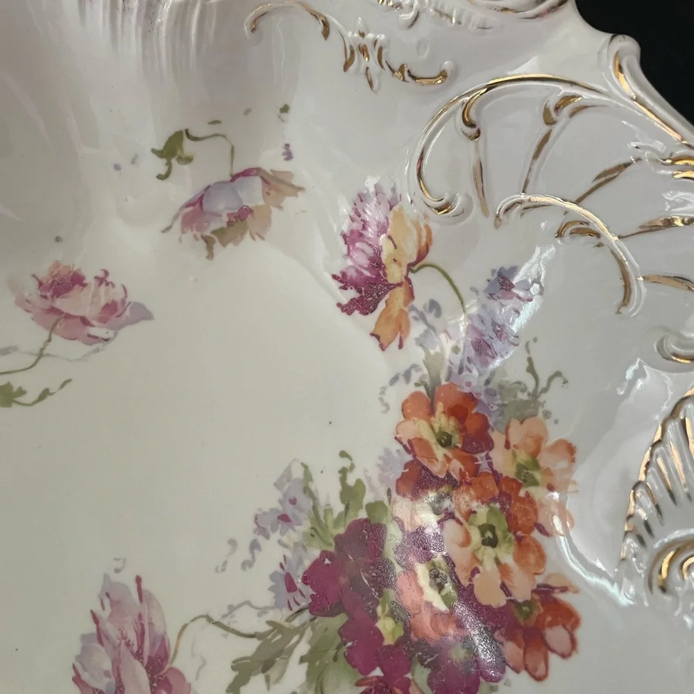 Antique German Porcelain China white/floral gold scalloped edge serving bowl